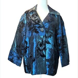 Susan Graver Blue Patchwork Floral Velvet Metallic Taffeta Jacket Blazer Medium